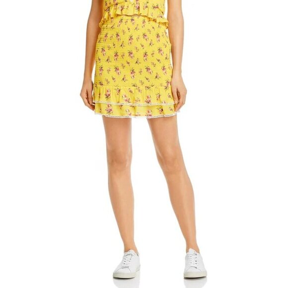 NWT Lost + Wander Womens Printed Smocked Ruffle Mini Skirt Floral Yellow Size M - Picture 1 of 6